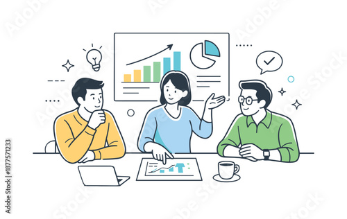 Data-Driven Sales Discussion. Sales discussion analysis. People reviewing a simple chart or metrics together. Data-driven conversation and careful