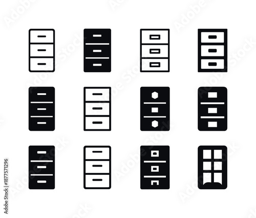 Office Logo Variations. Office interior. Icon set. Set Logo of office interior: file cabinet unit. harmonious logo variations of the same emblematic concept,