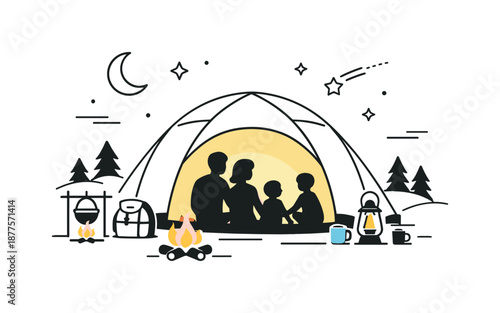 Family Camping Night. Family tent camping at night. A softly lit tent with silhouettes of family members inside, calm evening atmosphere and feeling of safety