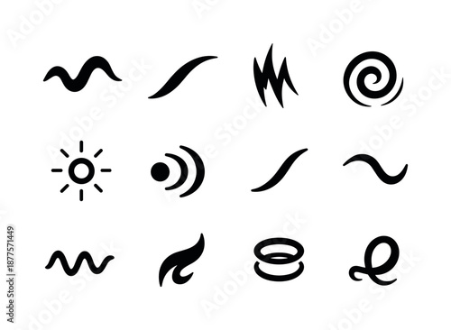 Expressive Sound Icon Set. Expressive sound motifs. Solid icon set of expressive sound motifs: dramatic wave, sweeping arc, exaggerated spike, swirling