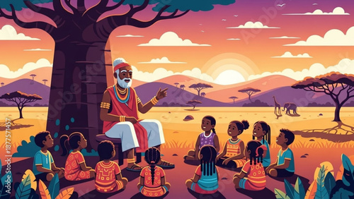 Wisdom Elder Teaching Children Under Tree in African Savannah at Sunset