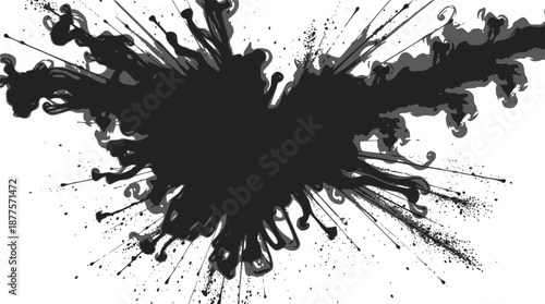 Abstract black ink splash explosion on a white background, creating a dynamic and chaotic visual effect.