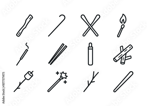 Variety of Sticks Icons. Sticks. Line icon set of Sticks: wooden stick, walking stick, drumsticks, matchstick, incense stick, chopsticks, glow stick, firewood