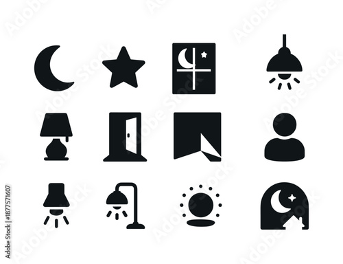 Night Mood Icons. Mood lighting night scenes. Solid icon set of mood lighting night scenes: moon, star, night window, lamp glow, nightstand lamp, dim hallway,