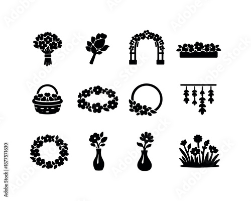 Wedding Floral Icons. Wedding floral decor. Solid icon set of wedding floral decor: bride bouquet, boutonniere, floral arch, table flowers, flower crown, petal