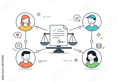 Decentralized Contract Network. Decentralized agreement concept. Multiple parties connected through a shared contract icon, balanced collaboration