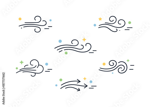 Minimal Wind Icons. March Wind Icons. Modern minimalist wind symbols floating freely with dots and short lines. Clean editorial composition emphasizing