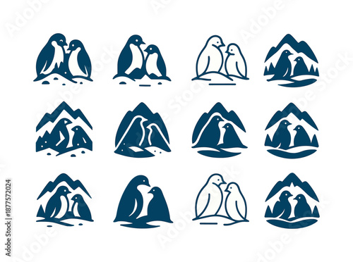 Winter Animal Logo Grid. Snowy landscapes with animals in winter habitats. Icon set. Set Logo of snowy landscapes with animals in winter habitats: penguins