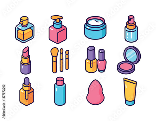 Colorful Beauty Icons. Beauty essentials. Colorful isometric vector icons set of beauty essentials: perfume bottle, lotion pump, moisturizer jar, face mist,