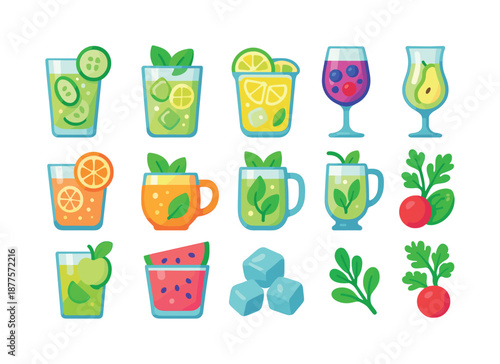 Refreshing Beverage Icons. Refreshing Mixes. Colorful flat vector icons set of Refreshing Mixes: cucumber spritz, mint cooler, lemon-lime refresher, iced berry