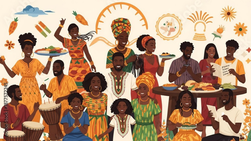 African Family Celebrating with Traditional Food and Drums