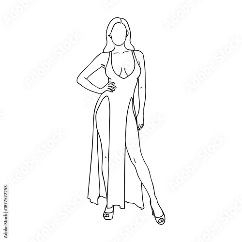 Logotipo de boutique de moda femenina. Dibujo sencillo con líneas de una mujer de pie con la mano en la cadera con un vestido sexy, vista de  frente 