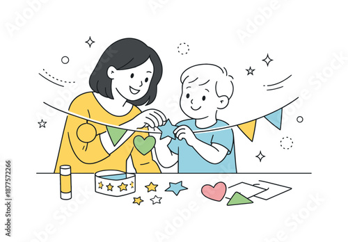 Family Decorating Fun. Parents helping kids decorate together. Adult guiding a child while hanging paper shapes and stickers, relaxed and encouraging