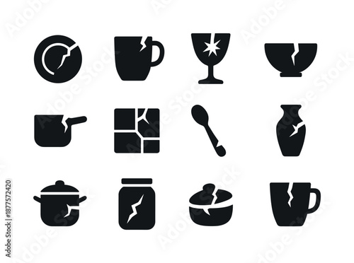 Broken Object Icons. Broken objects. Solid icon set of broken objects: cracked plate, chipped mug, shattered glass, split bowl, broken handle, fractured tile,