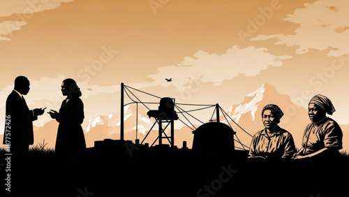 Silhouetted People Talking on Construction Site at Sunset