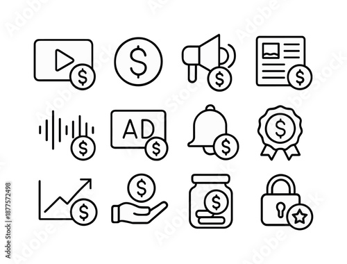 Content Monetization Icons. Content monetization. Line icon set of Content monetization: video play, dollar coin, sponsor icon, blog post, audio wave, ad