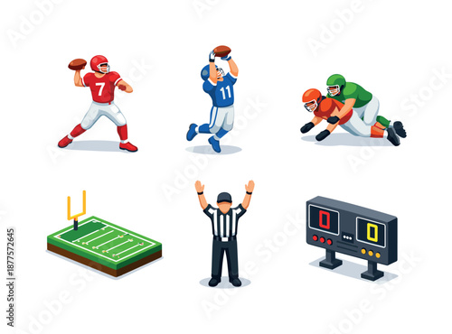 Football Icon Set. Football game. Isometric flat vector icons set of Football game: quarterback throwing pass, wide receiver catching ball, defensive player