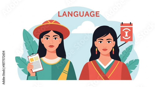 Bridging Worlds of Communication: Two women, representing linguistic diversity, stand as beacons of intercultural dialogue, flanked by symbols of knowledge and calendars of learning.