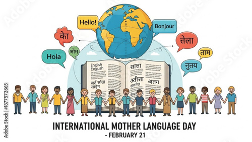 International Mother Language Day: A vibrant illustration promoting linguistic diversity, showing a global message of unity.