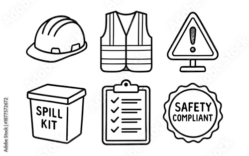 Hand drawn workplace safety icons: hard hat, vest, spill kit, compliance checklist