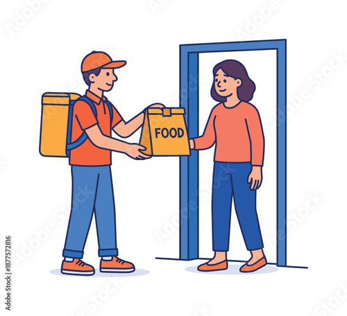 Efficient Food Delivery. Food delivery. Courier standing at a doorstep, handing over a paper food bag to a customer. Polite interaction, quiet daily routine.