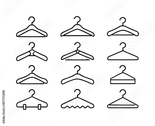Hanger Icons Line Art. Hanger types. Line icon set of Hanger types: dress hanger, suit hanger, padded hanger, baby hanger, travel hanger, foldable hanger,