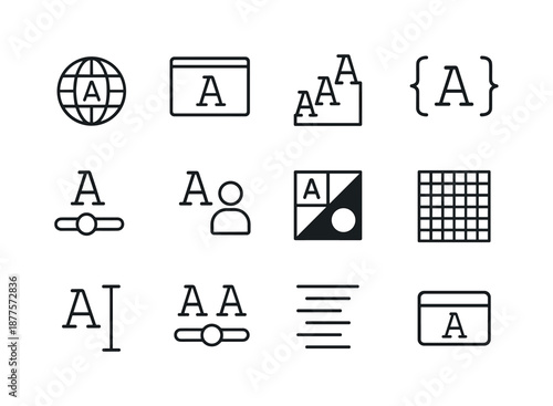 Digital Typography Icons. Digital typography. Line icon set of digital typography: web font icon, viewport text, responsive type scale, CSS text symbol,