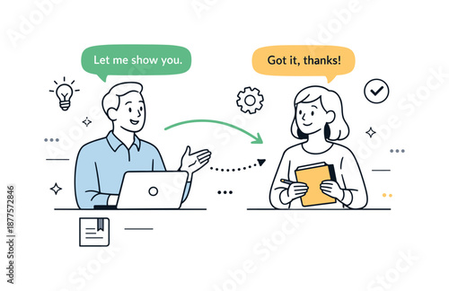 Guided Onboarding Support. Mentorship during onboarding. Experienced colleague supporting a newcomer, friendly interaction and trust. Simple arrows and