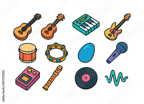 Indie Instrument Icons. Indie instruments. Colorful isometric vector icons set of indie instruments: acoustic guitar, ukulele, synth keys, bass guitar, tom