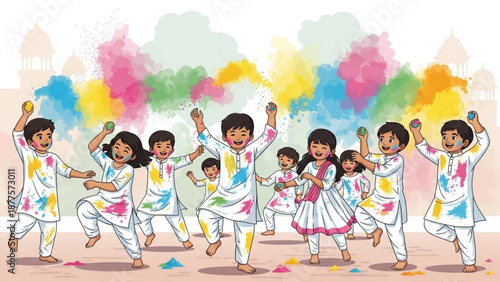 Children Celebrating Holi Festival with Colorful Powder