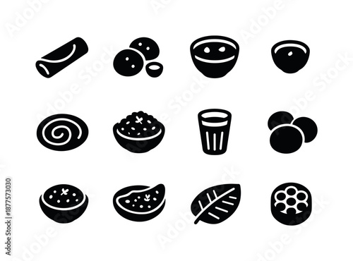 Indian Breakfast Icons. Indian breakfast. Solid icon set of Indian breakfast: dosa, idli, sambar bowl, chutney cup, paratha, poha plate, chai glass, puri, upma