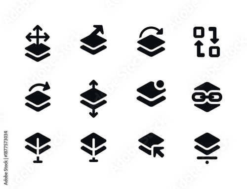 Layer Interaction Icons. Layer interactions. Solid icon set of layer interactions: move layer, scale icon, rotate icon, flip icon, drag layer, layer reorder