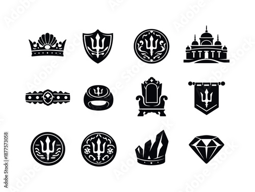 Atlantean Symbols Collection. Atlantean myth. Solid icon set of royal symbols: crown crest, trident shield, royal seal, palace insignia, jeweled band, imperial
