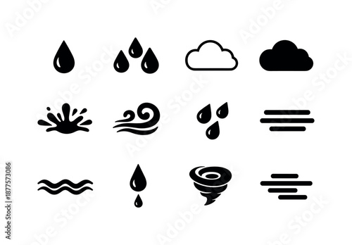 Rainy Day Icons. Rainy Day symbols. Solid icon set of rainy day symbols: raindrop single, raindrop trio, cloud outline, cloud filled, splash mark, swirl wind,