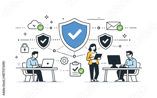 Secure Enterprise Environment. Secure enterprise environment. Employees and systems operating inside a protected digital space marked by shields and