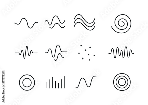 Abstract Sound Icons. Abstract shapes and colors representing sound. Line icon set of abstract shapes and colors representing sound: soft wave line, layered