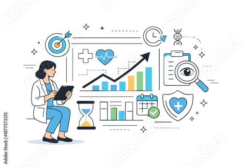 Predictive Healthcare Trends. Predictive healthcare analytics. Analyst examining trends and future indicators, sense of foresight and responsibility. Arrows,
