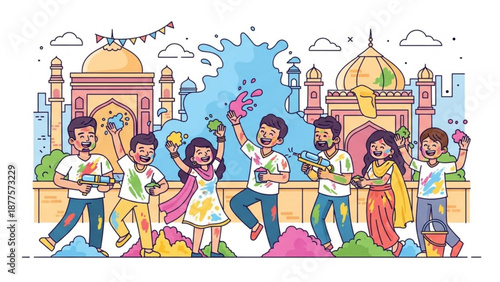 People Celebrating Holi Festival with Colors in Front of Indian Architecture