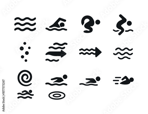 Underwater Icon Set. Underwater movement. Solid icon set of Underwater movement: wave lines, swim motion, turn icon, dive icon, rising bubbles, current arrow,