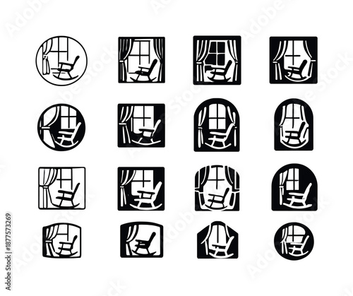 Rocking Chair Logos. Rocking chair by the window. Icon set. Set Logo of rocking chair by the window: rocking chair with curtain folds. harmonious