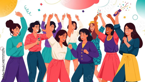 Diverse Women Celebrating with Raised Arms in Colorful Party