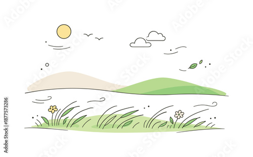 Gentle Spring Breeze. Soft wind spring concept. A minimal landscape where grass bends slightly under a gentle breeze. The mood is peaceful, natural, and
