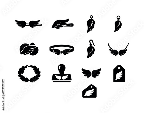Angel Wing Accessories. Angel wing accessories. Solid icon set of angel wing accessories: wing clip, wing brooch, wing pendant, wing charm, wing pin, wing