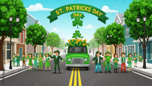 St. Patricks Day Parade Green Truck with Shamrocks on Road