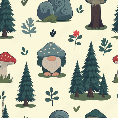 Seamless texture of a fairy-tale Scandinavian forest with a mushroom-gnom, mushrooms, fir trees, stones, and twigs. For fabric, textiles, background wrapping paper, and wallpaper.