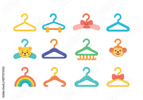 Colorful Children's Hangers. Children?s hangers. Colorful flat vector icons set of children?s hangers: small plastic hanger, colorful clip hanger, padded baby
