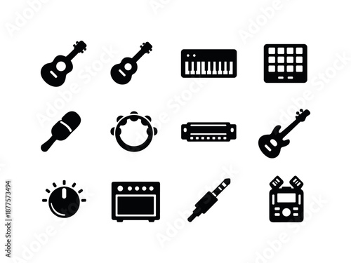 Indie Instruments Icons. Indie instruments. Solid icon set of indie instruments: acoustic guitar, ukulele, keyboard, drum pad, shaker, tambourine, harmonica,