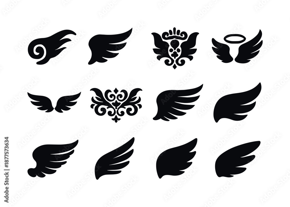 Obraz premium Angel Wing Icons. Angel wing decorative motifs. Solid icon set of angel wing decorative motifs: swirl ornament, feather flourish, ornate crest, halo swirl,