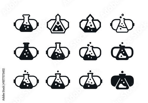 Chemical Experiment Logos. Chemical experiment. Icon set. Set Logo of chemical experiment: safety goggles. harmonious logo variations of the same emblematic