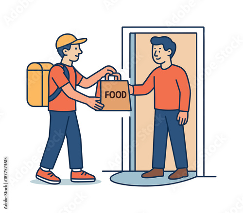 Efficient Food Delivery. Food delivery. Courier standing at a doorstep, handing over a paper food bag to a customer. Polite interaction, quiet daily routine.